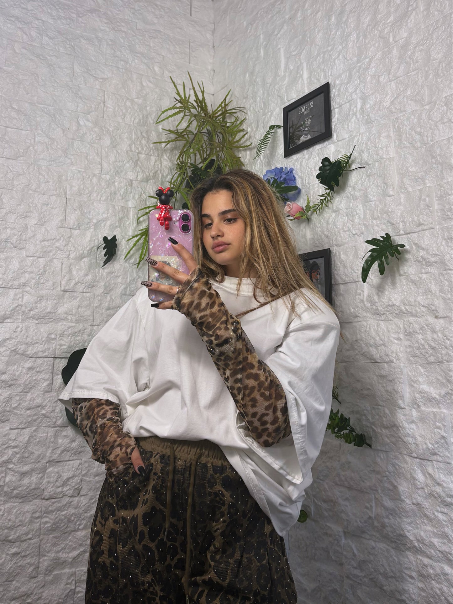 T-shirt oversize con manica in tulle leopardato F0620