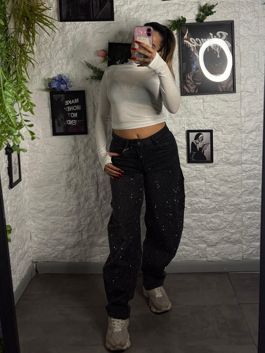 Jeans baggy balloon nero in denim con strass brillantinati