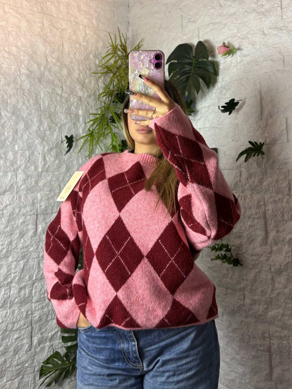 Maglione oversize con fantasia a scacchi