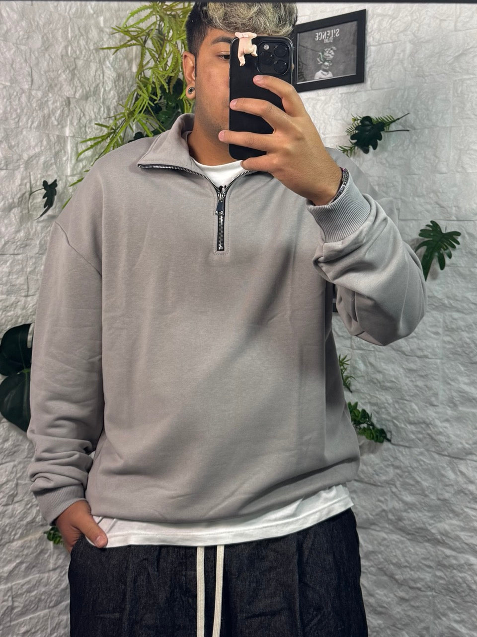 Felpa grigio campus con half zip - GARZATO