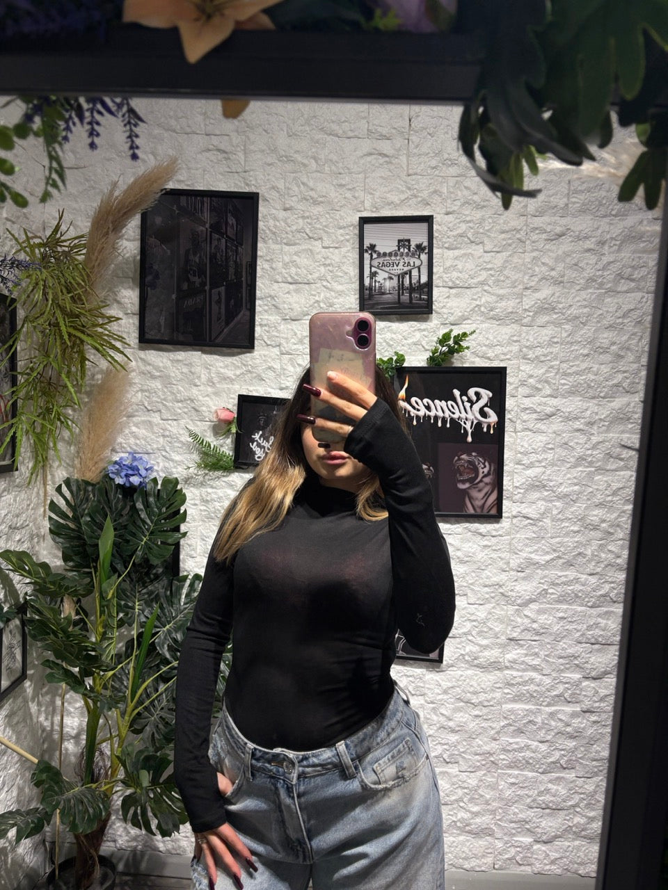 Body tinta unita a manica lunga con mezzo collo e manica a guanto