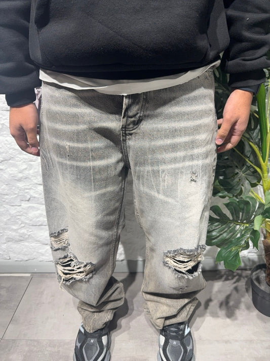 Jeans baggy grigio chiaro in denim con strappi