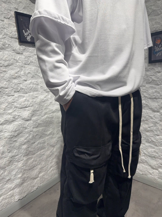 Pantaloni baggy neri in tessuto morbido con tasche frontali - OVERSIZE