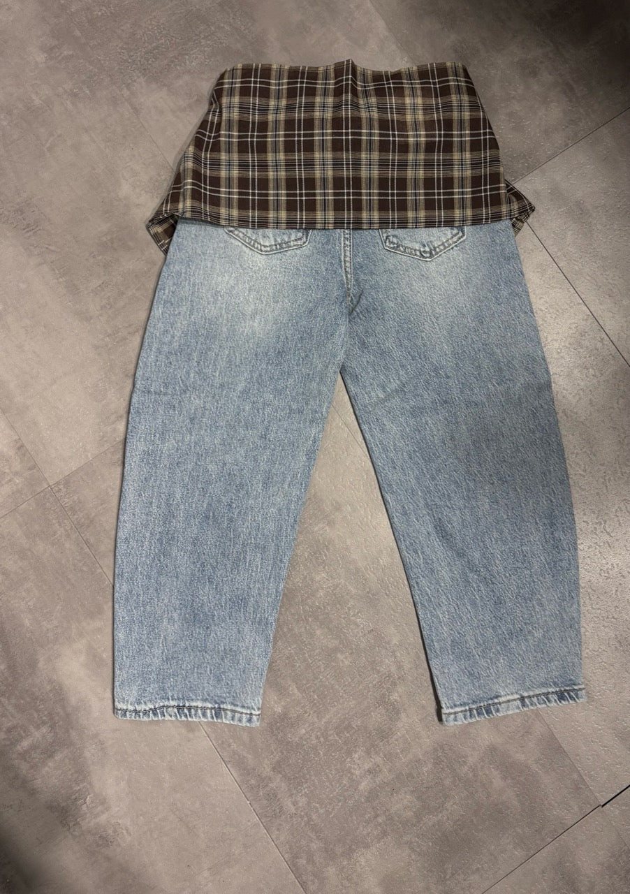 Jeans baggy azzurro in denim con fascia camicia a quadri 4-14 anni