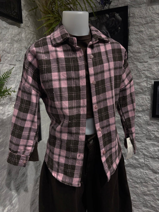 Camicia rosa a quadri in cotone con bottoni 4-14 anni