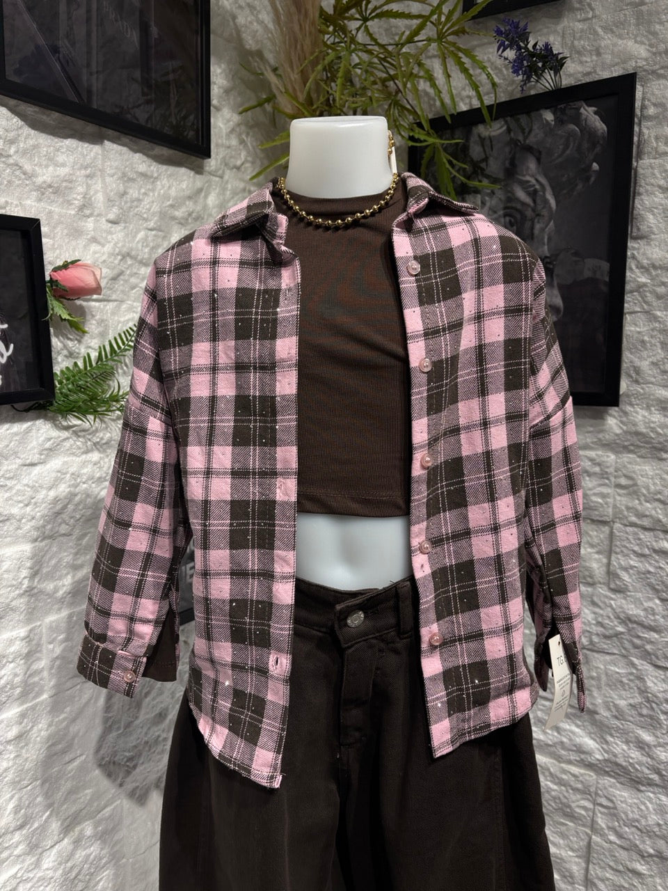 Camicia rosa a quadri in cotone con bottoni 4-14 anni