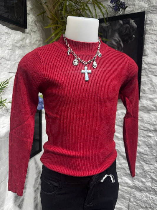 Maglioncino bordeaux in maglia a costine con mezzo collo 4-12 anni