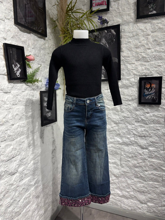 Jeans a palazzo blu in denim con risvolto animalier 4-14 anni