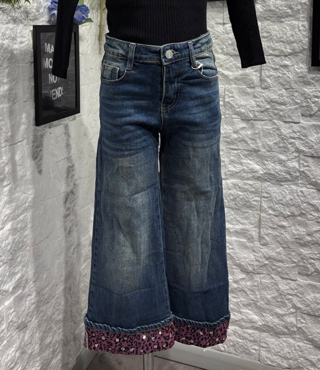 Jeans a palazzo blu in denim con risvolto animalier 4-14 anni
