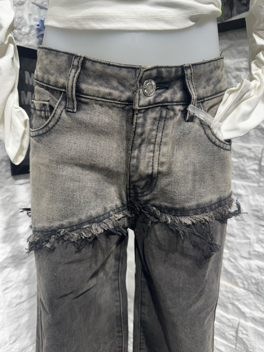 Jeans wide leg grigio in denim con fascia sfrangiata 8-16 anni
