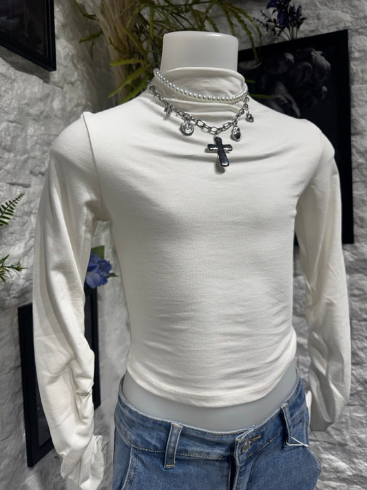 T-shirt bianca in tinta unita con mezzo collo alto 4-14 anni