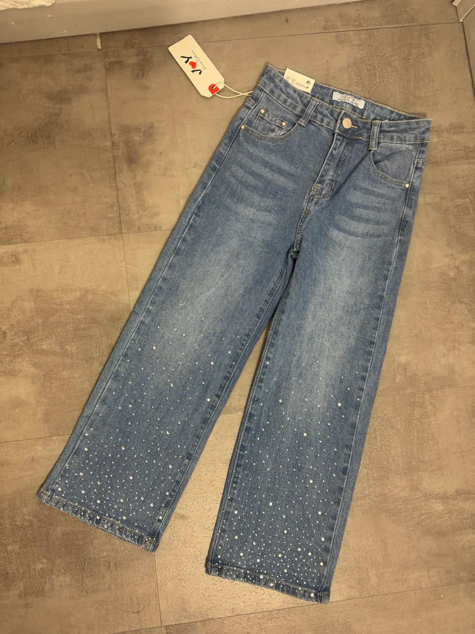 Jeans blu slavato a palazzo con brillantini 8-16 anni