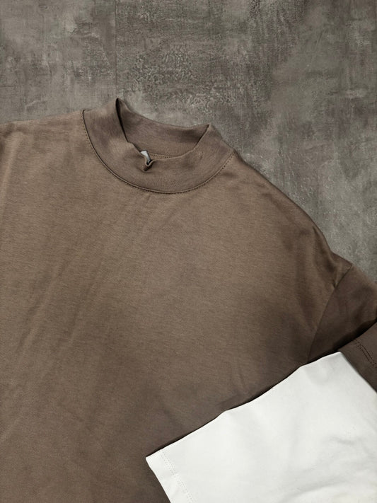 T-shirt beige in tinta unita con mezzo collo alto - OVERSIZE 6-16 anni