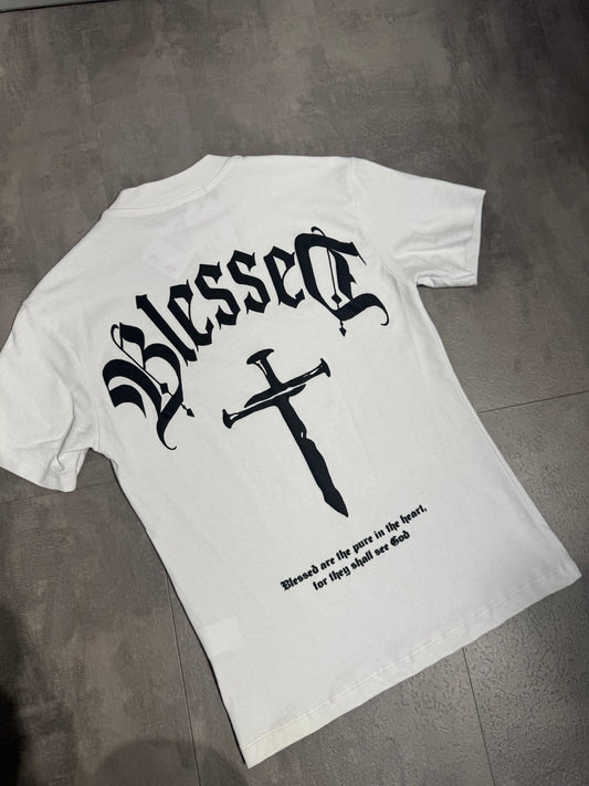 T-shirt bianca con stampa "BLESSED" e croce 10-16 anni