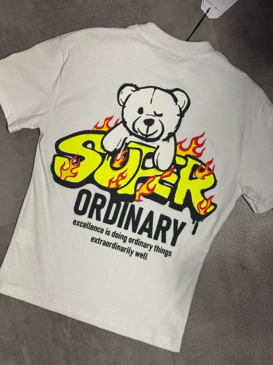 T-shirt bianca con stampa "SUPER" e orsetto - OVERSIZE 10-16 anni