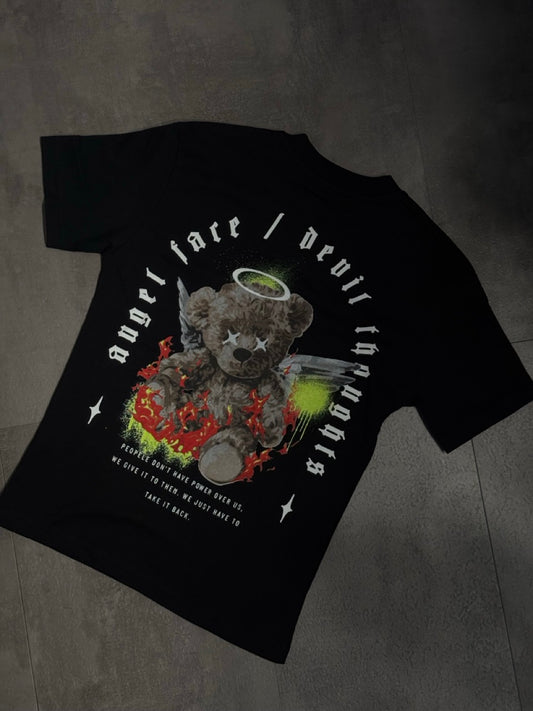 T-shirt nera con stampa "ANGEL FACE" - OVERSIZE 10-16 anni