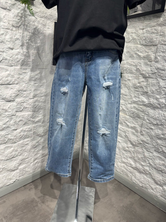 Jeans baggy azzurro in denim con strappi 8-16 anni
