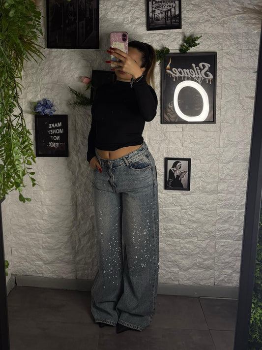 Jeans wide leg blu chiaro slavato in denim con strass brillantinati