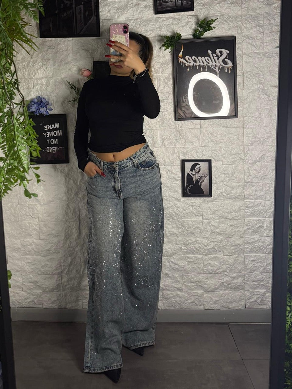 Jeans wide leg blu chiaro slavato in denim con strass brillantinati