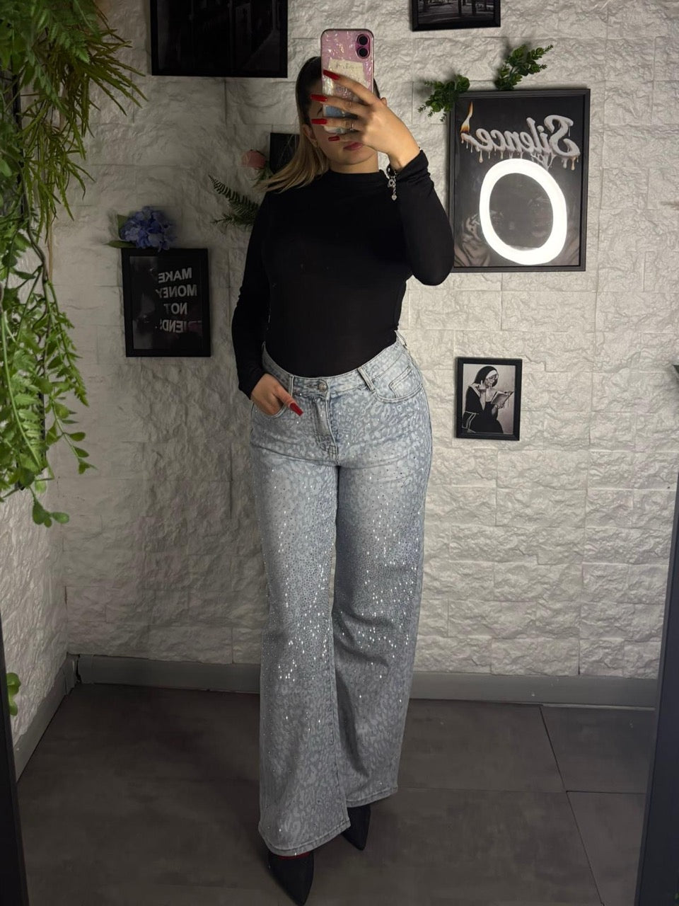 Jeans wide leg blu chiaro animalier con strass brillantinati