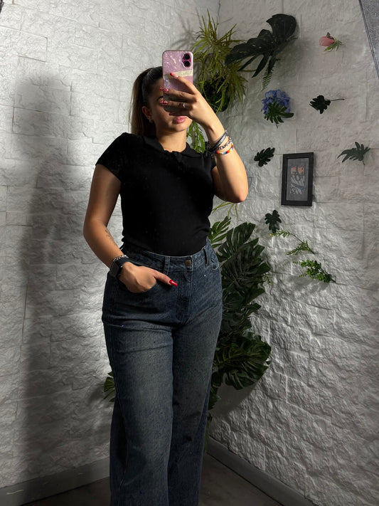 Jeans a palazzo blu scuro maculato con brillantini