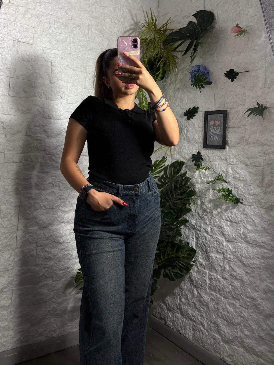 Jeans a palazzo blu scuro maculato con brillantini