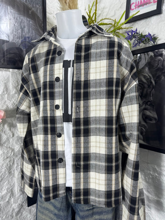 Camicia a quadri panna e nera con bottoni - OVERSIZE 10-16 anni