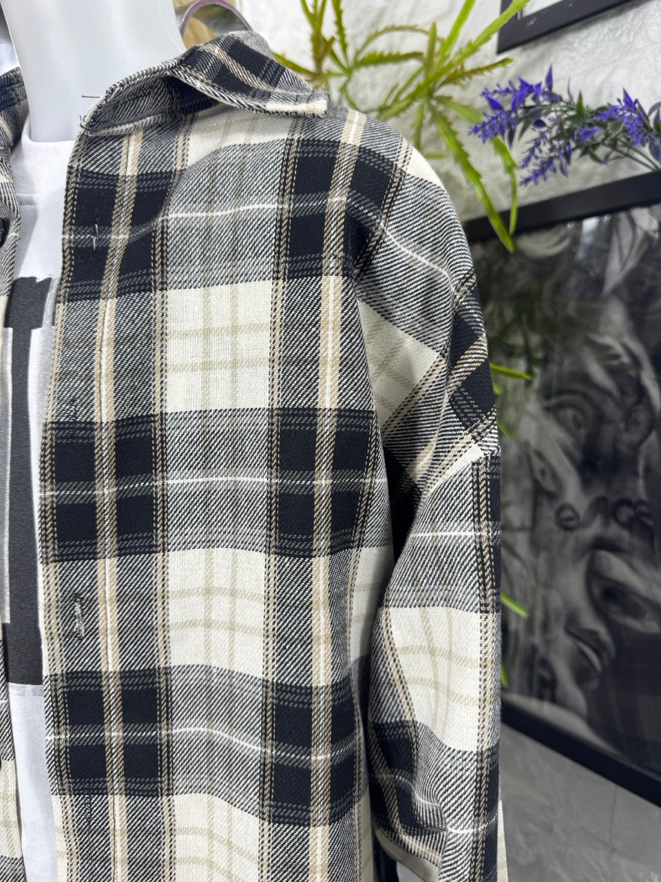 Camicia a quadri panna e nera con bottoni - OVERSIZE 10-16 anni