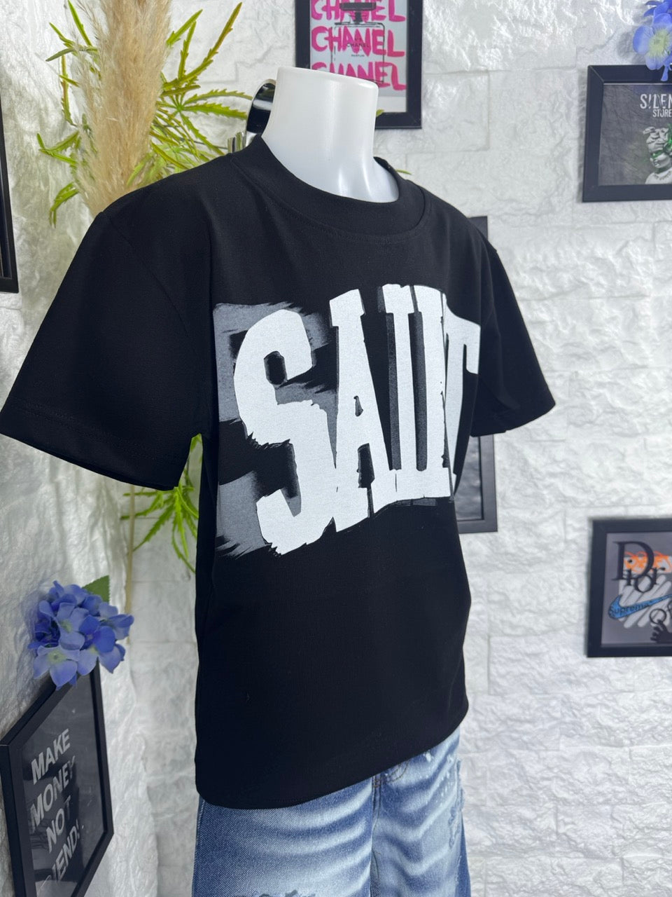 T-shirt nera con stampa "SAINT" - OVERSIZE 10-16 anni