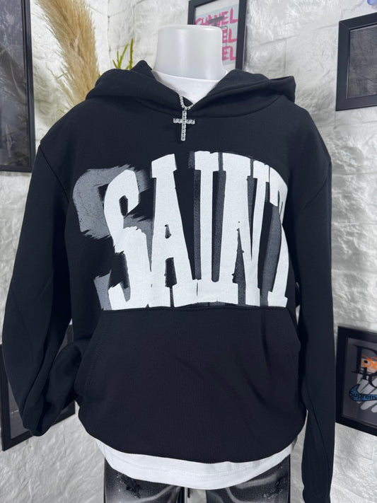 Felpa nera con cappuccio e stampa "SAINT" - OVERSIZE - GARZATO 10-16 anni