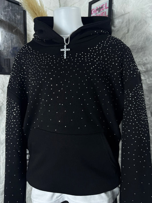 Felpa nera con cappuccio e strass - OVERSIZE - GARZATO 10-16 anni