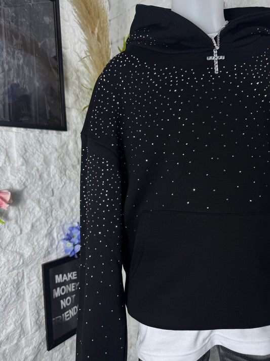 Felpa nera con cappuccio e strass - OVERSIZE - GARZATO 10-16 anni
