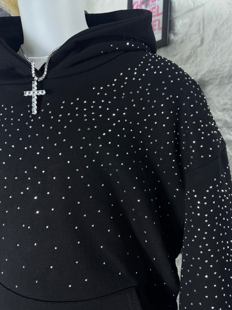 Felpa nera con cappuccio e strass - OVERSIZE - GARZATO 10-16 anni