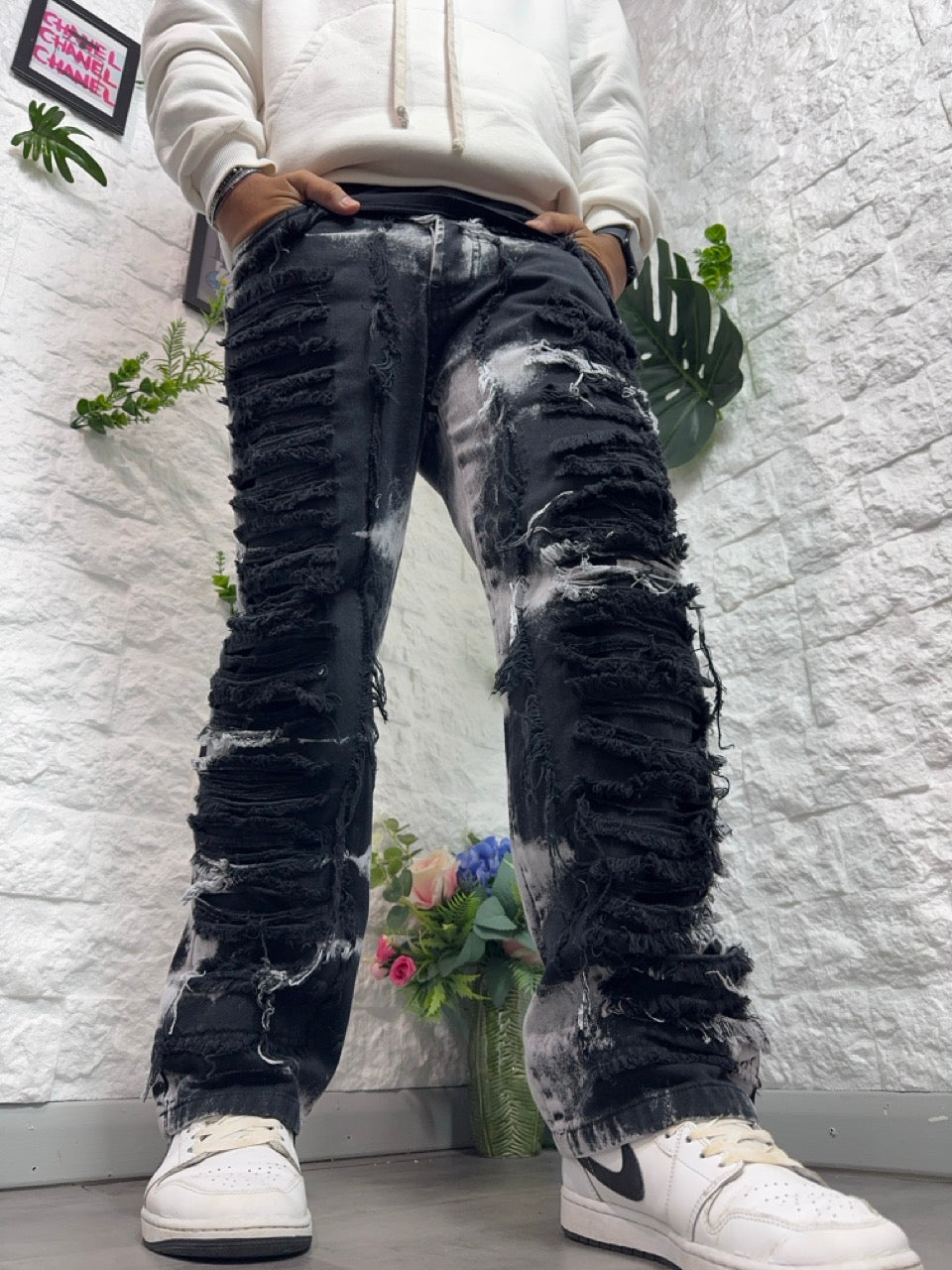 Jeans baggy nero slavato ripped
