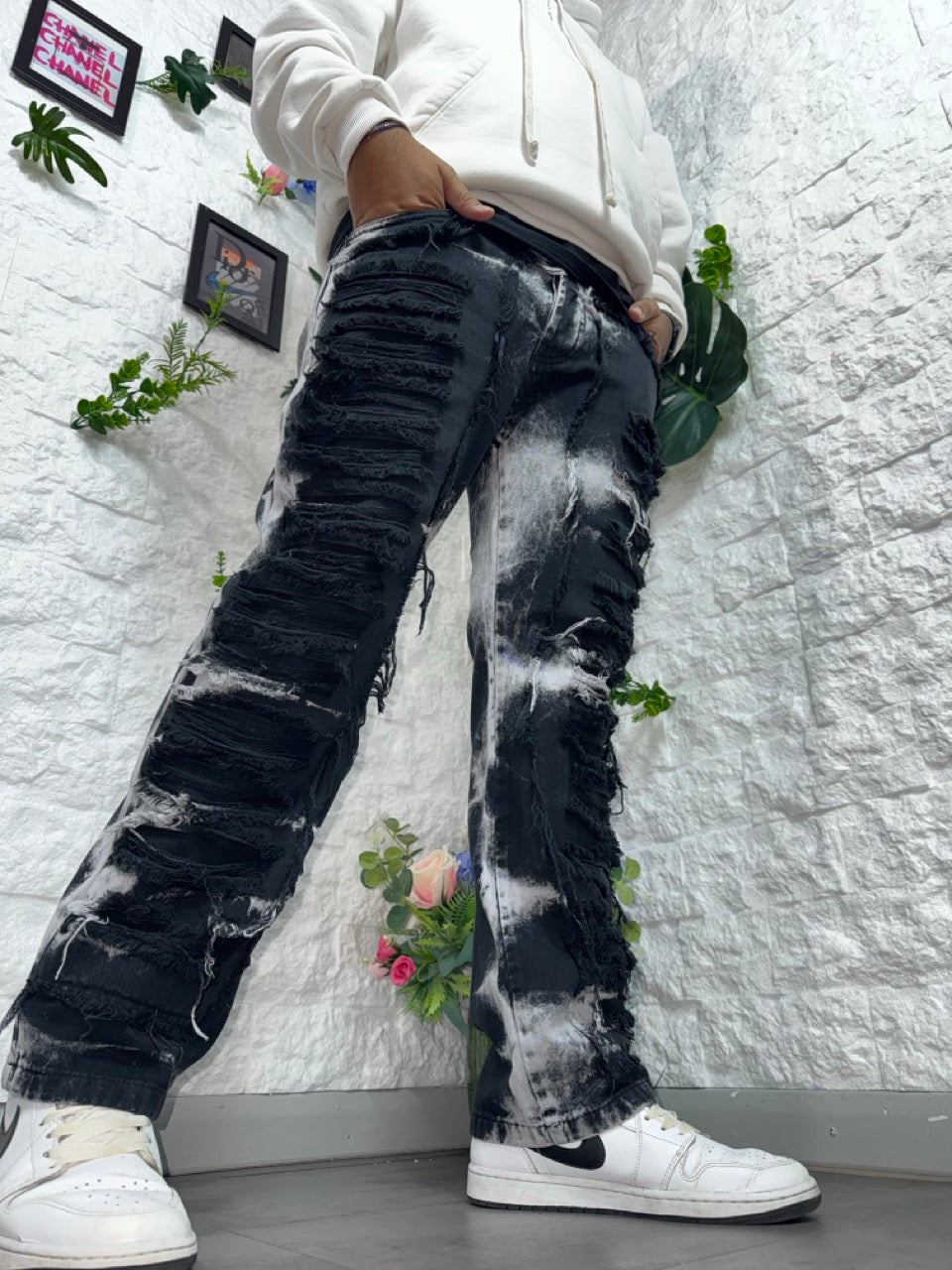 Jeans baggy nero slavato ripped