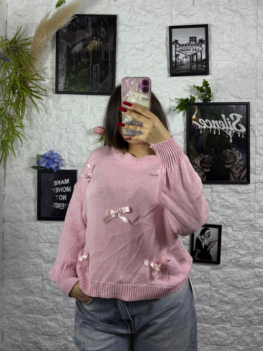 Maglioncino tinta unita con fiocchetti in raso applicati