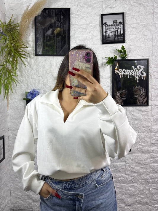 Felpa in tinta unita in tessuto morbido con colletto e scollo a V