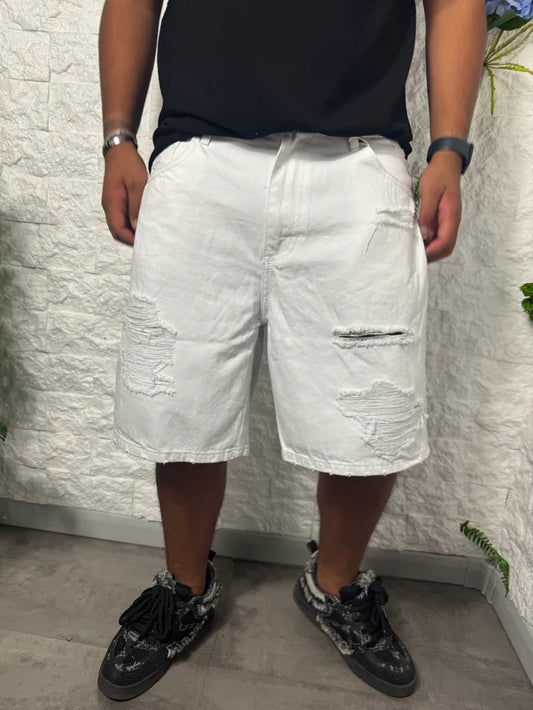 Jeans bermuda bianco regular fit con strappi