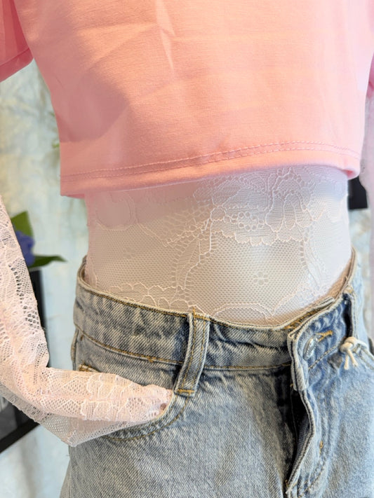 Body rosa con maniche lunghe in pizzo 4-14 anni