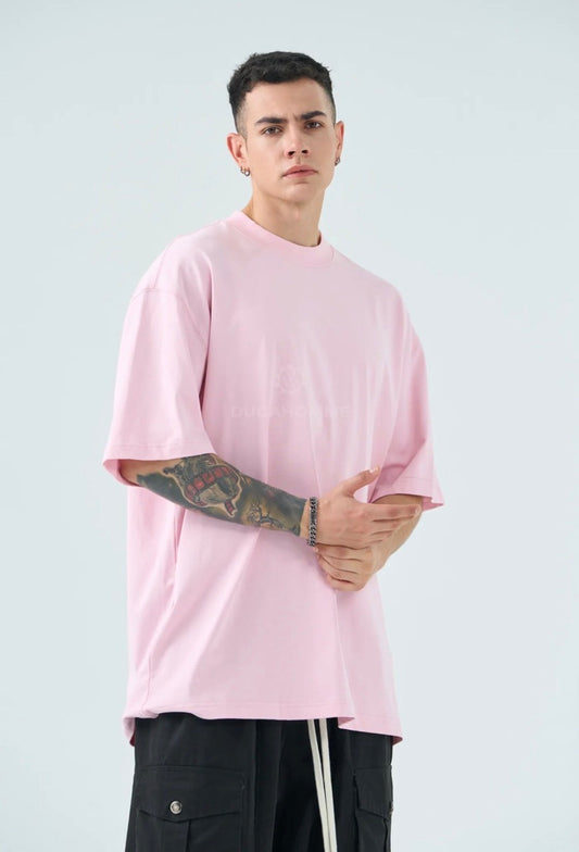 T-shirt rosa in tinta unita con mezzo collo alto - OVERSIZE