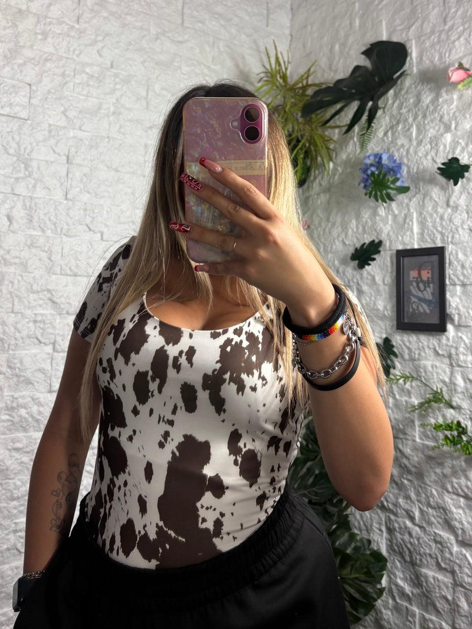 Body animalier in lycra a mezza manica