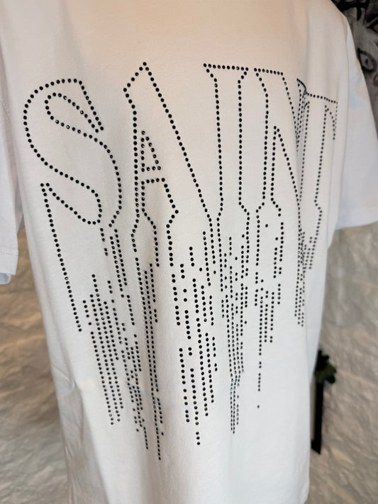 T-shirt bianca con stampa "SAINT" in strass - OVERSIZE 10-16 anni