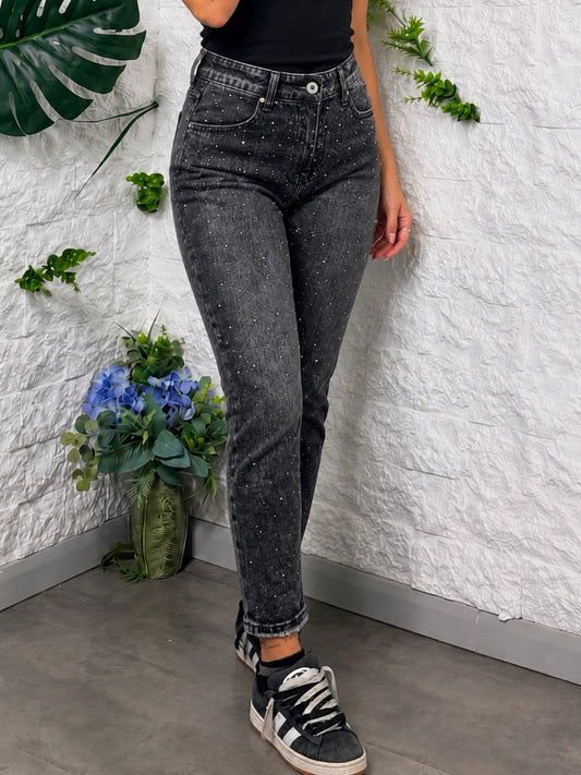 Jeans grigio slavato in denim slim con strass