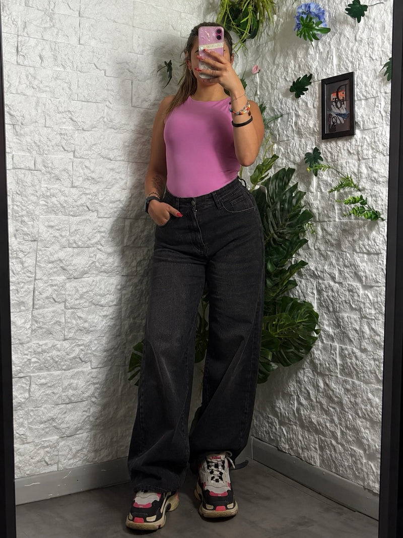Jeans grigio scuro slavato in denim a palazzo con vita alta