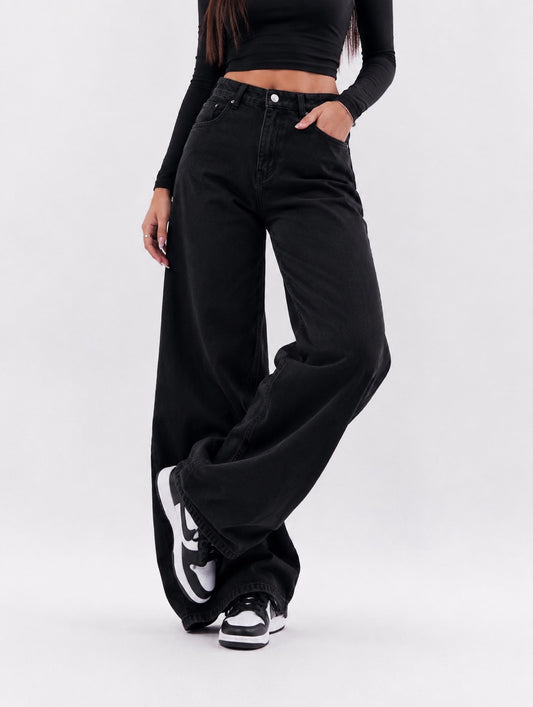 Jeans nero in denim a vita alta extra balloon