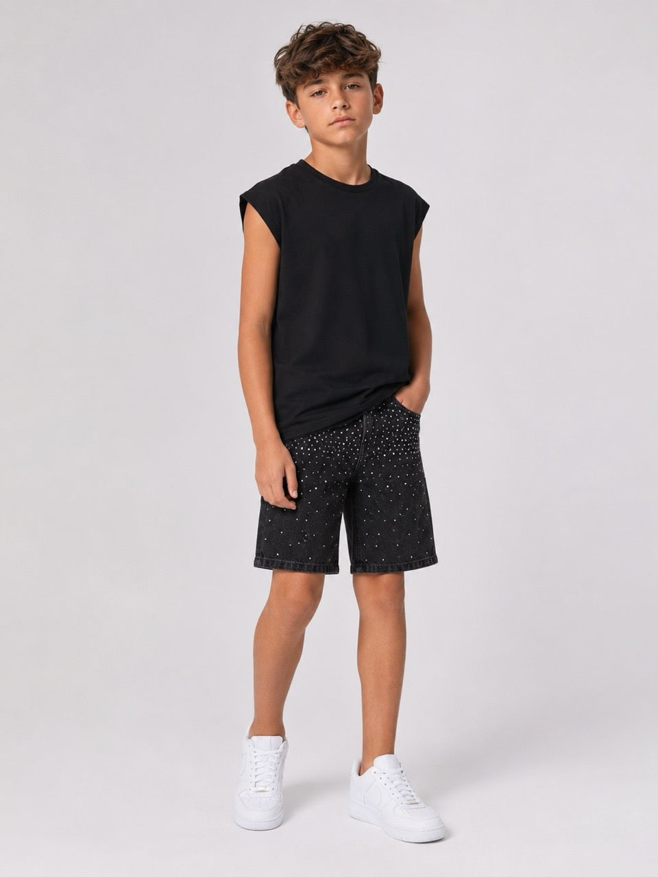 Bermuda nero in jeans con strass brillantinati 10-16 anni