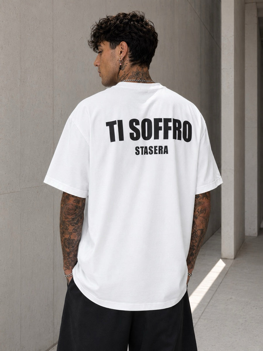 T-shirt bianca oversize con stampa retro TI SOFFRO STASERA