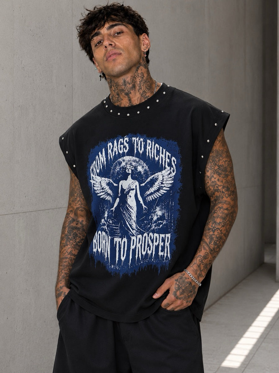 T-shirt smanicata nera con stampa FROM RAGS TO RICHES e borchie