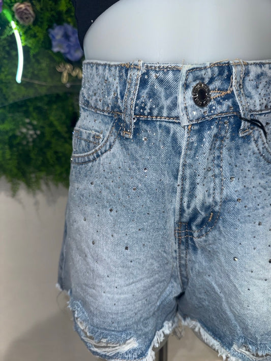 Short in denim con brillantini a cascata e strappi 4-14 anni