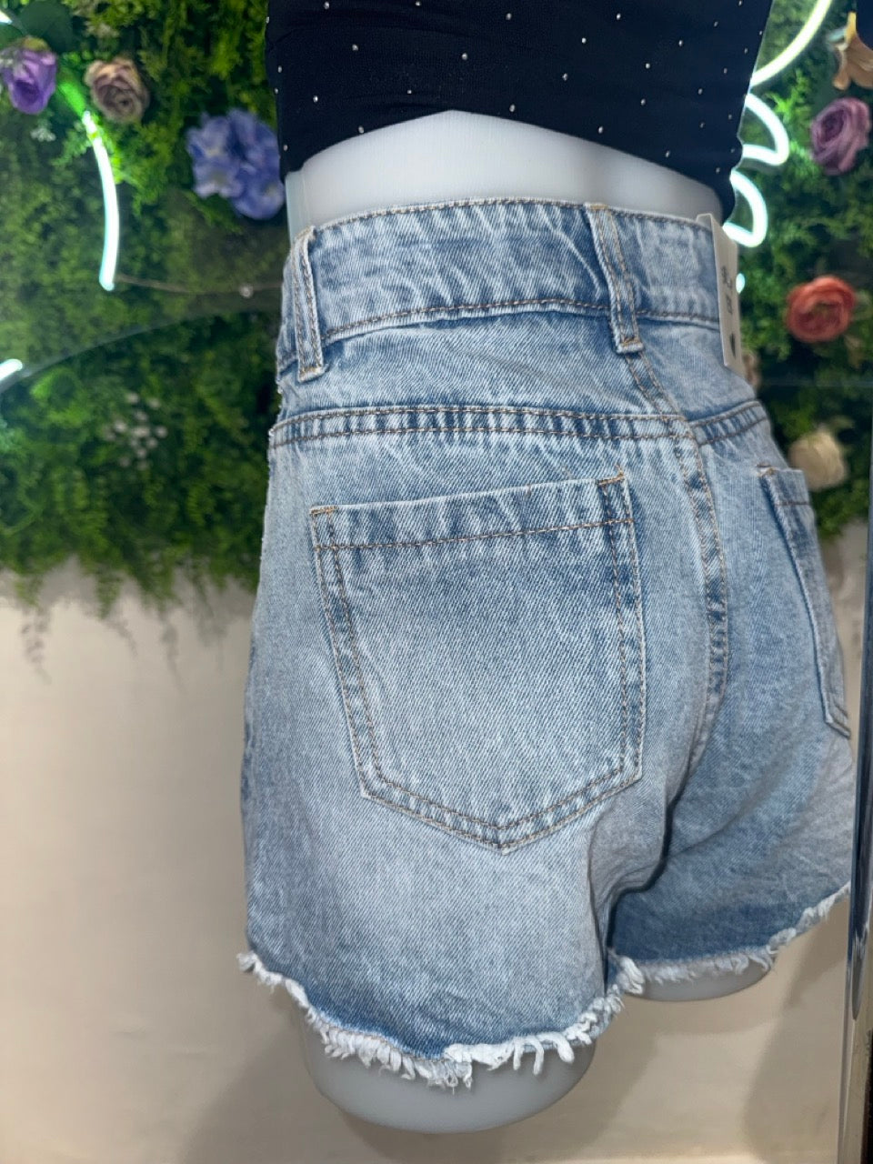 Short in denim con brillantini a cascata e strappi 4-14 anni